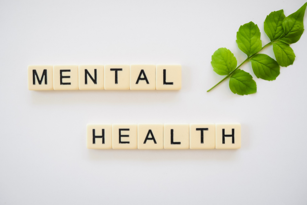 Scrabble letters spelling mental health with a leaf denoting aging care and social impartance