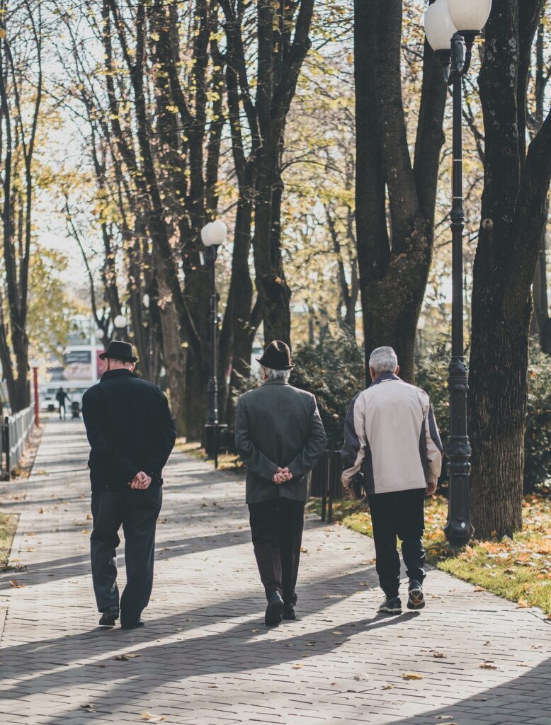 Older men being socially active by taking a walk in the park together. 