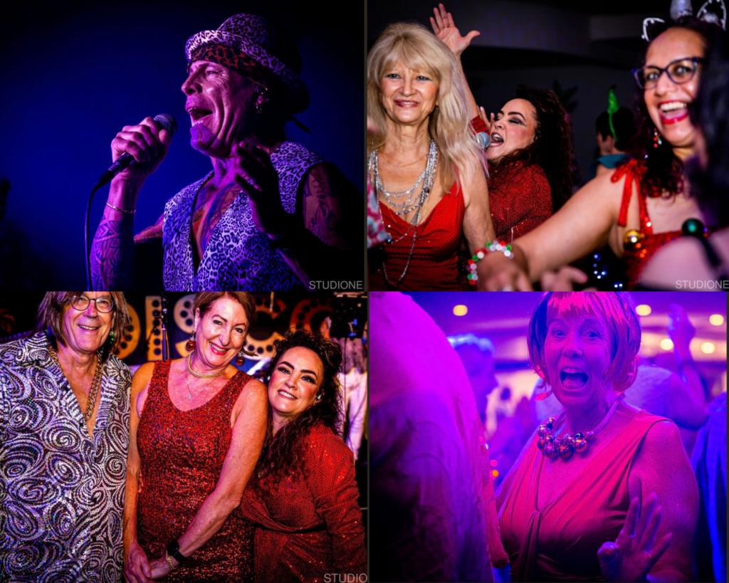 Four smaller photos showing both singers and partygoers dressed up and having a good time.