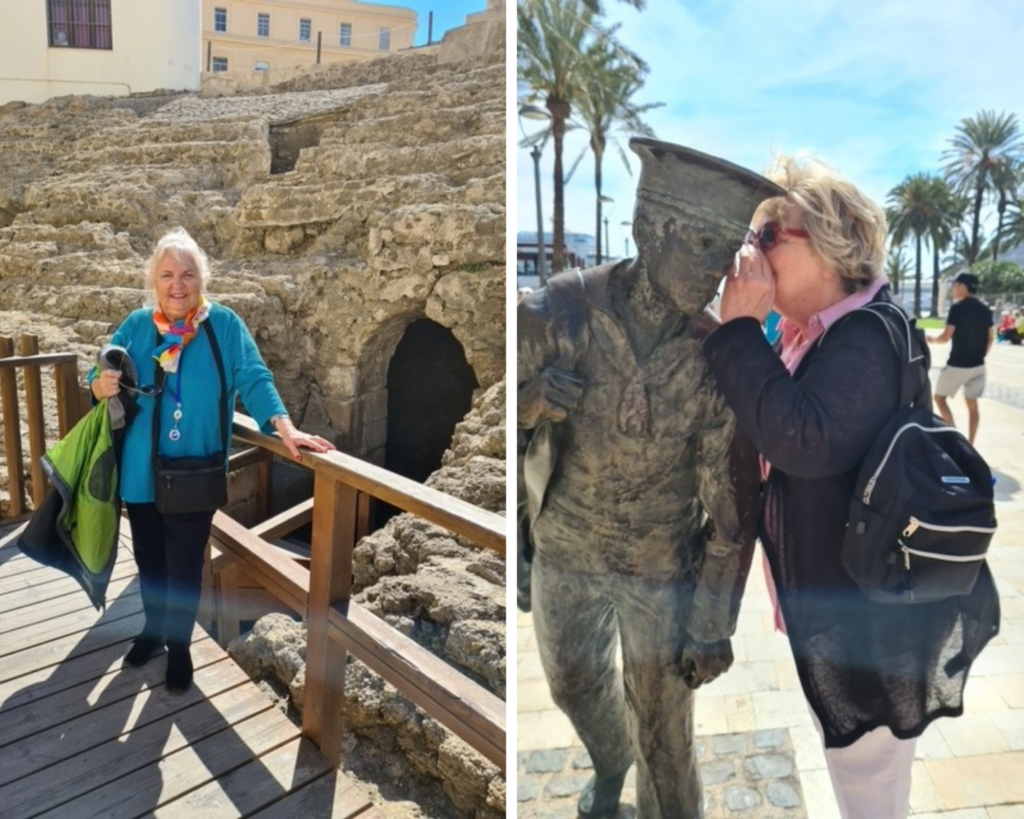 Two images, the first is Asuncion smiling with a castle backdrop. The second, Gail playing it up with a statue as if she's telling it a secret