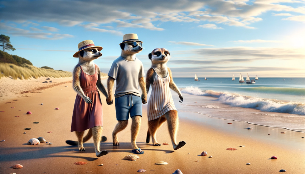 Three anthropomorphized Meercats walking on the beach hand -in-hand