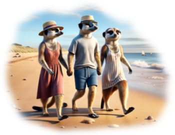 Three anthropomorphized Meercats walking on the beach hand -in-hand