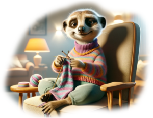 Anthropomorphized Meercat sitting down knitting