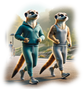Anthropomorphized Meercats jogging